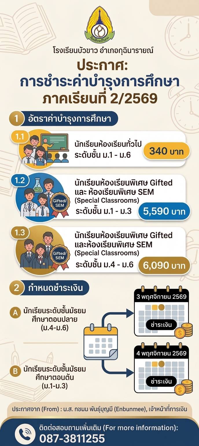 "ประกาศ: การชำระค่าบำรุงการศึกษา ภาคเรียนที่ 2/2569"